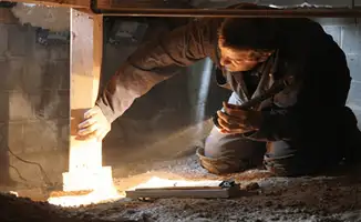 A professional inspecting wooden beams under the floor of a structure in Wichita, KS